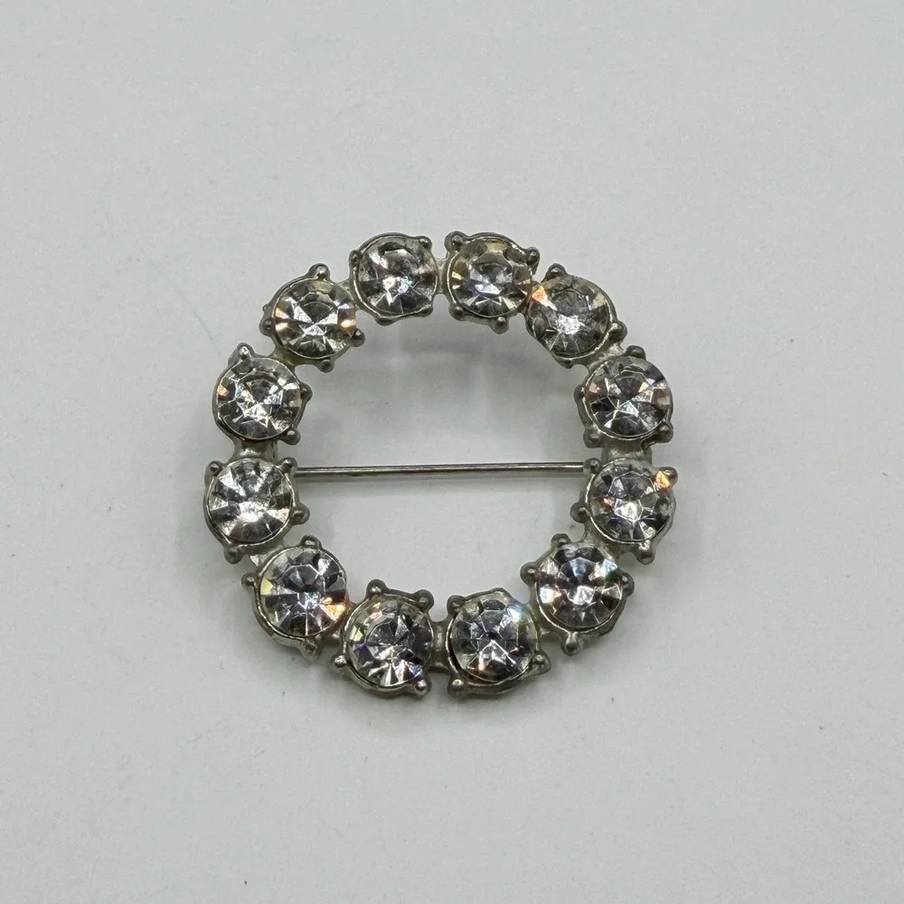 Clear Rhinestone Silver Tone Round Wreath Brooch Pin Bridal Statement Glam Gift